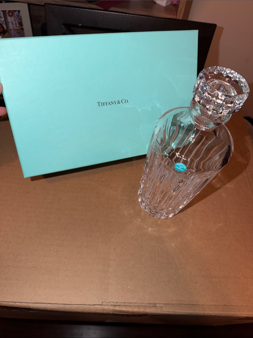 Tiffany & Co. Clear Crystal Decanter with Blue Emblem